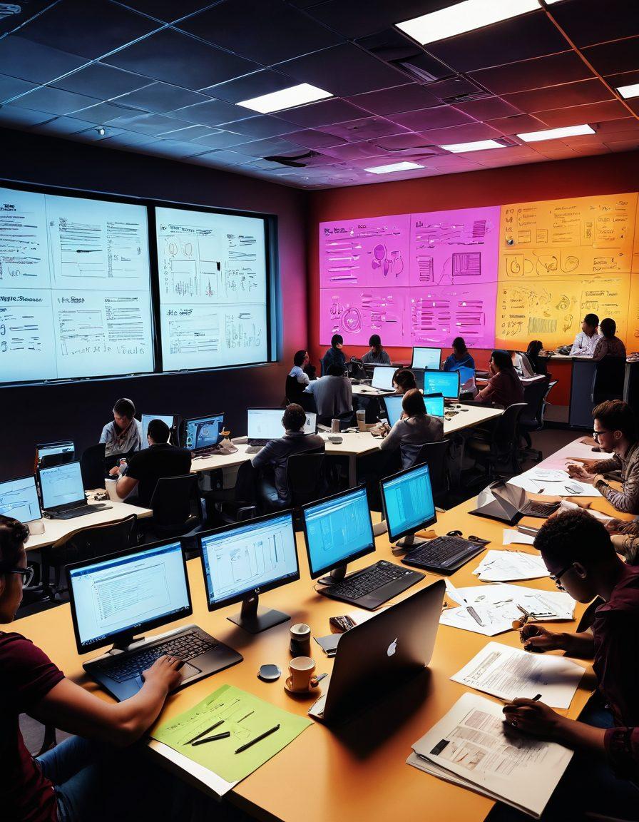 A colorful digital workspace scene featuring a diverse group of people brainstorming content ideas around a large table filled with laptops, notepads, and coffee cups. In the background, screens display analytics graphs and creative drafts. The atmosphere is lively, with vibrant post-it notes on walls, reflecting energetic discussions. Light spills in from large windows, giving a fresh, modern vibe. super-realistic. vibrant colors. 3D.