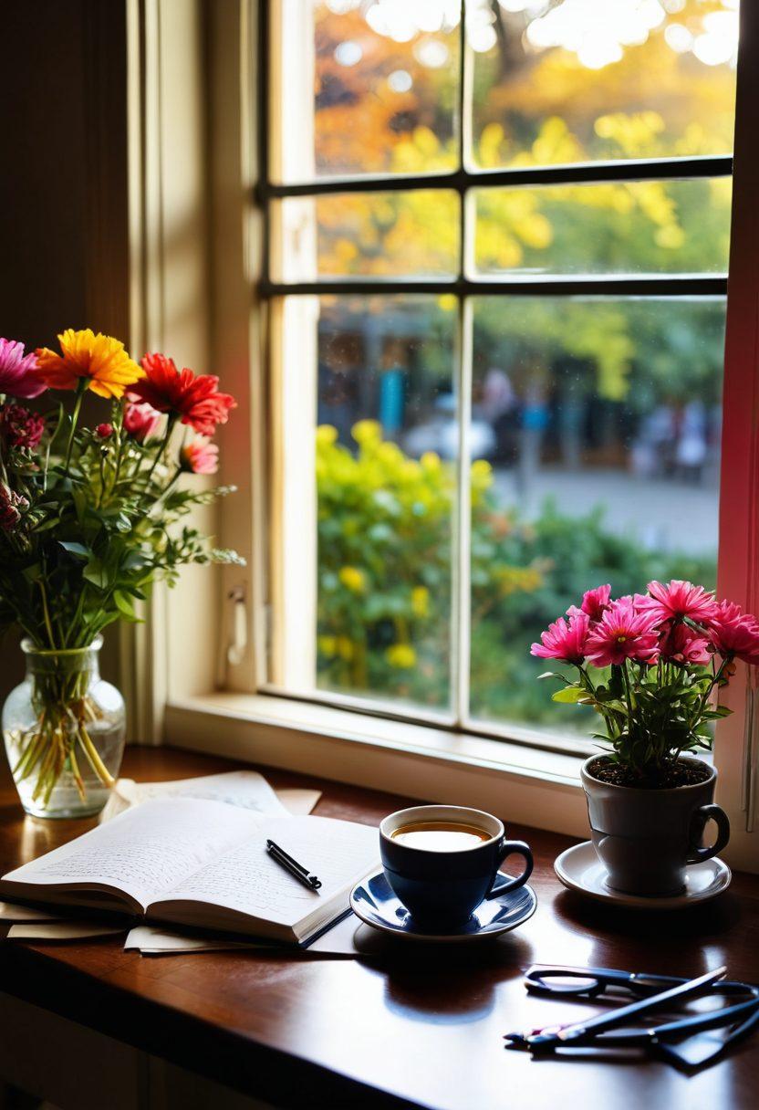 A serene workspace filled with open notebooks and a glowing laptop, showcasing vibrant scribbles and digital storytelling images. A steaming cup of tea rests beside a colorful fountain pen, surrounded by blooming flowers which symbolize creativity and expression. Warm sunlight filters through a window, casting a soft glow on the scene, inviting viewers into the world of personal journaling. super-realistic. vibrant colors. warm lighting.